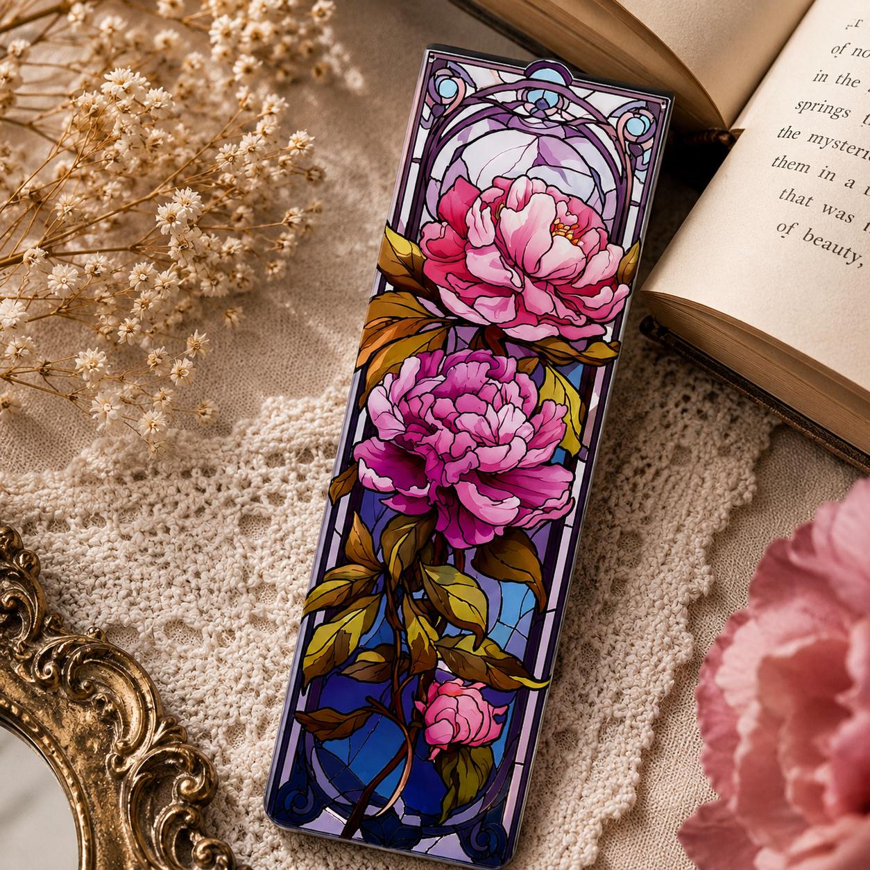 Закладка для книг магнітна Stained Glass Flowers Півонії рожеві (37242716)