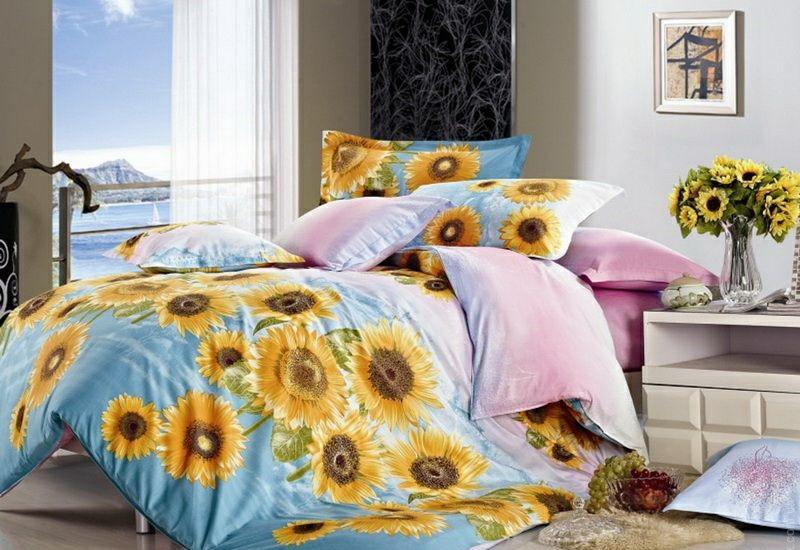 Комплект постельного белья Zastelli 211 Море подсолнухов сатин полуторный 145х210 Голубой