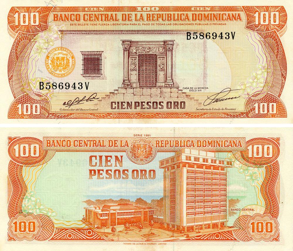 Колекційна банкнота Домінікана 100 песо 1991 UNC (P136a)