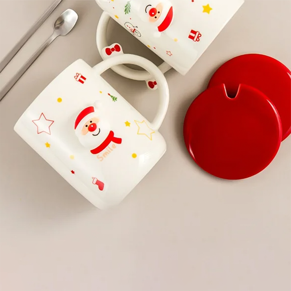 Чашка новогодняя с крышкой и ложкой Санта Smile керамика 360 мл Белый - фото 9