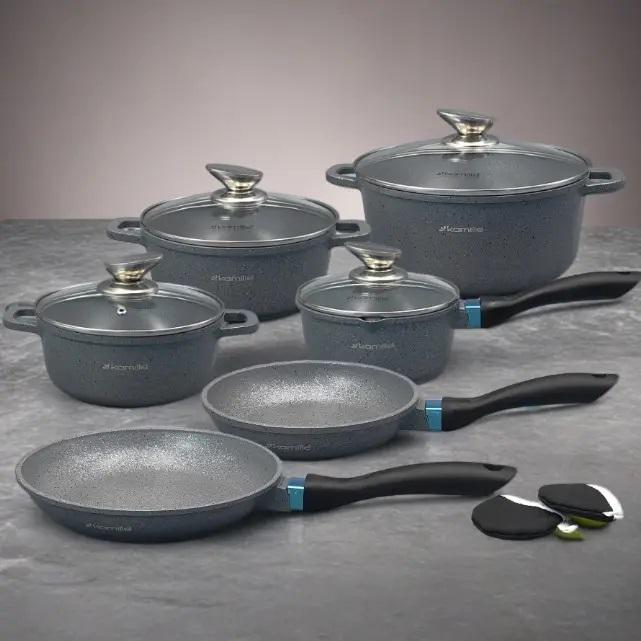 Набір посуду зі скляними термостійкими кришками Kamille КМ-4437 з литого алюмінію із 12-ти предметів Чорний мармур (150-84-4437) - фото 2 Набір посуду зі скляними термостійкими кришками Kamille КМ-4437 з литого алюмінію із 12-ти предметів Чорний мармур (150-84-4437) - фото 2