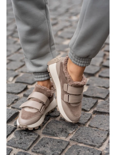 Кроссовки женские кожаные с замшевыми вставками на меху р. 37 24 см Бежевый