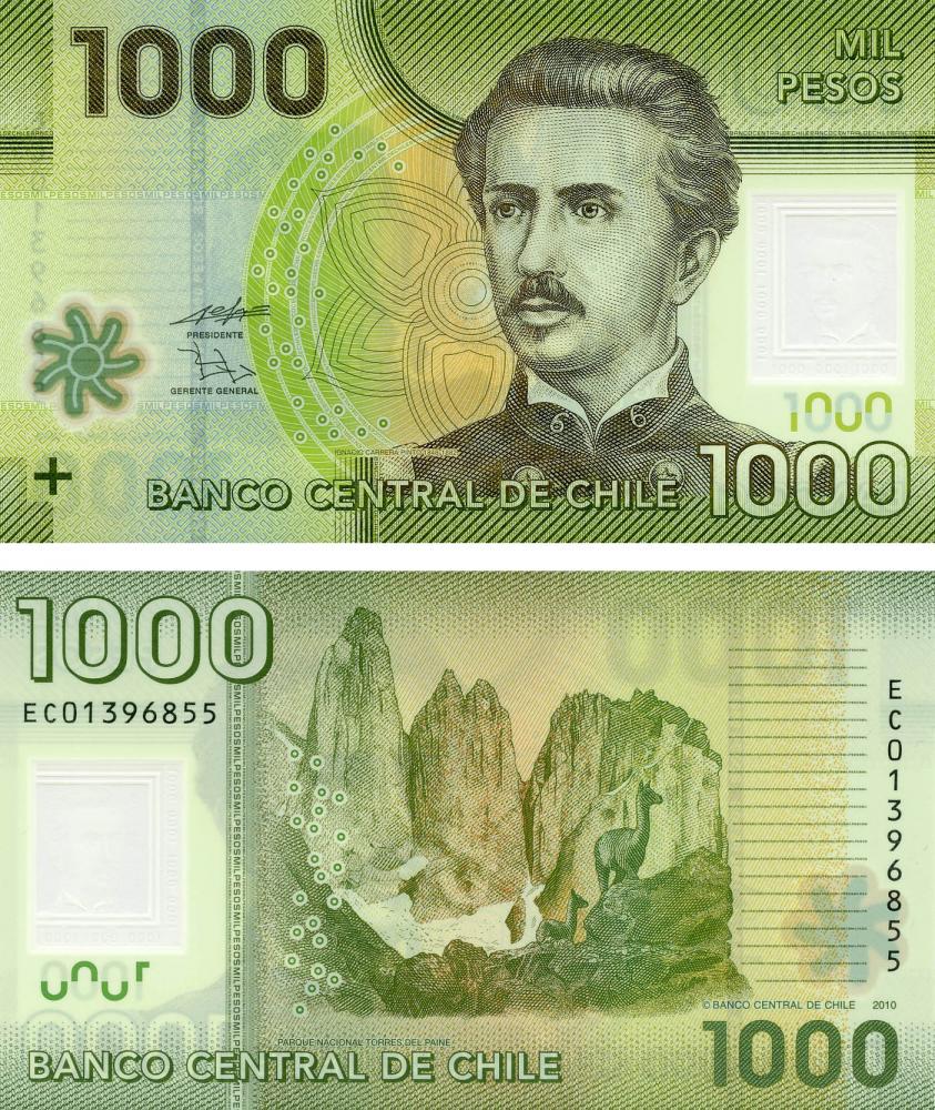 Коллекционная банкнота Чили 1000 песо 2010 Полимер UNC Лама Национальный парк Торрес дель Пайне P161 (Б03737)