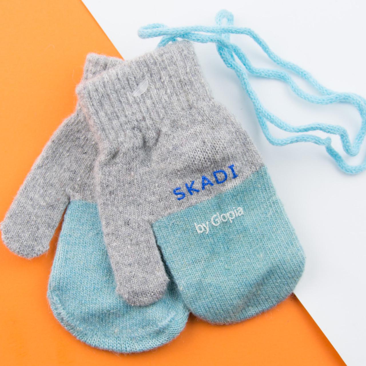 Варежки детские двойные зимние на веревочке на 3 - 4 года Бирюзовый (22-7-33)