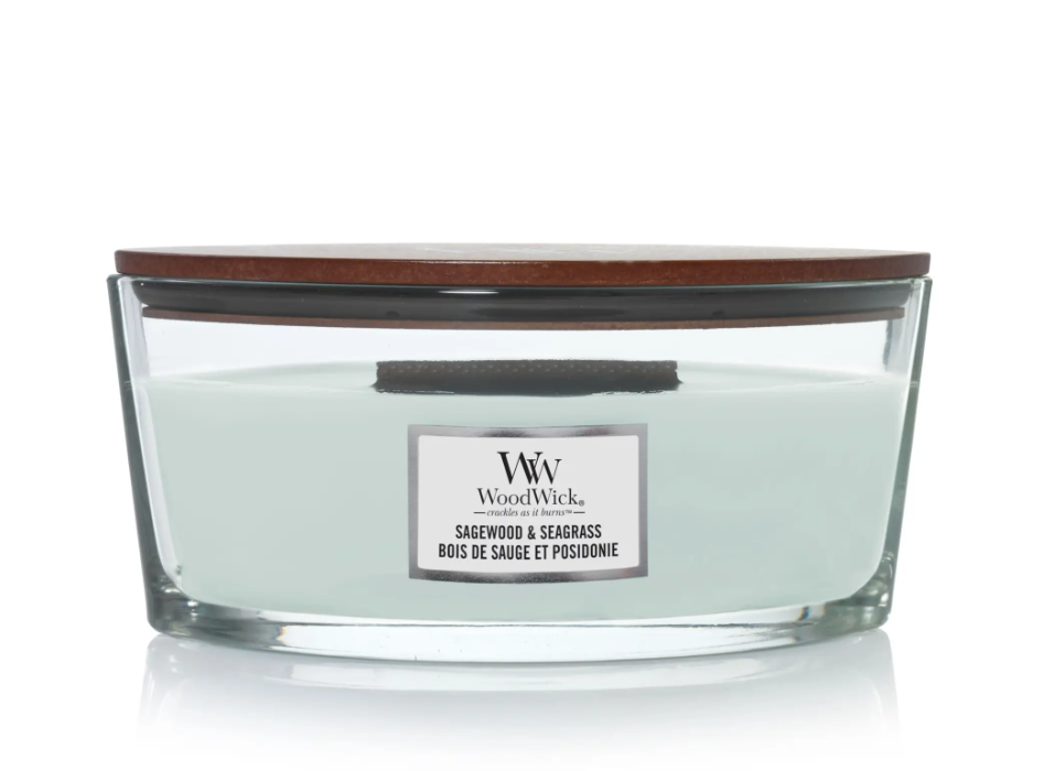 Ароматическая свеча Woodwick Ellipse Sagewood & Seagrass с нотами шалфея, океана и кедра 453 г