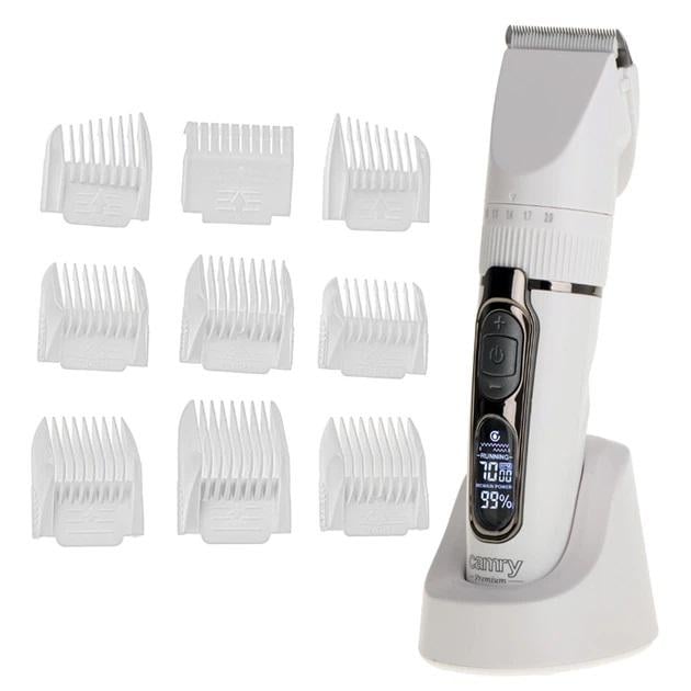 Машинка для стрижки волосся Camry CR 2841 акумуляторна з LCD дисплеєм титан та кераміка 9 насадок White
