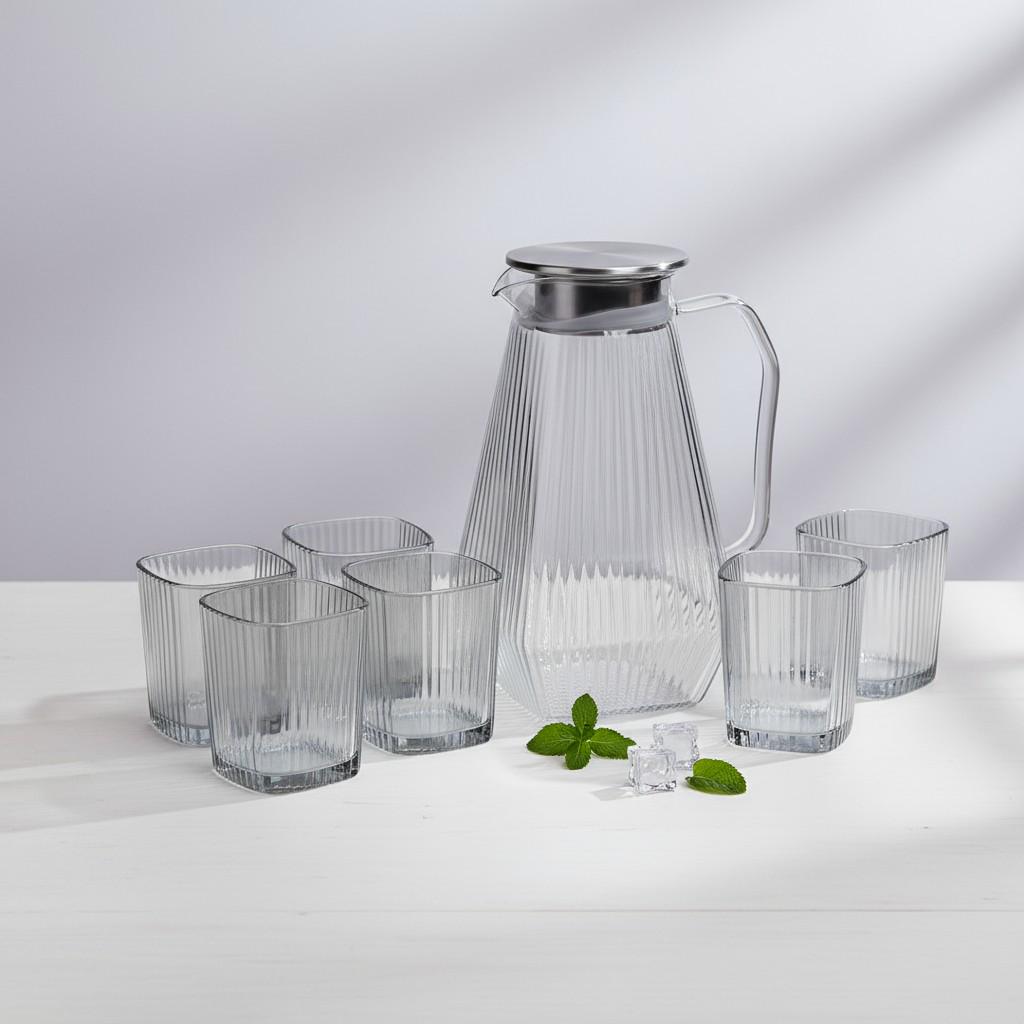 Набор кувшин 1,8 л/стаканы из стекла рифленые 6 шт. по 200 мл Серый (HP-19-38) - фото 7 Набор кувшин 1,8 л/стаканы из стекла рифленые 6 шт. по 200 мл Серый (HP-19-38) - фото 7
