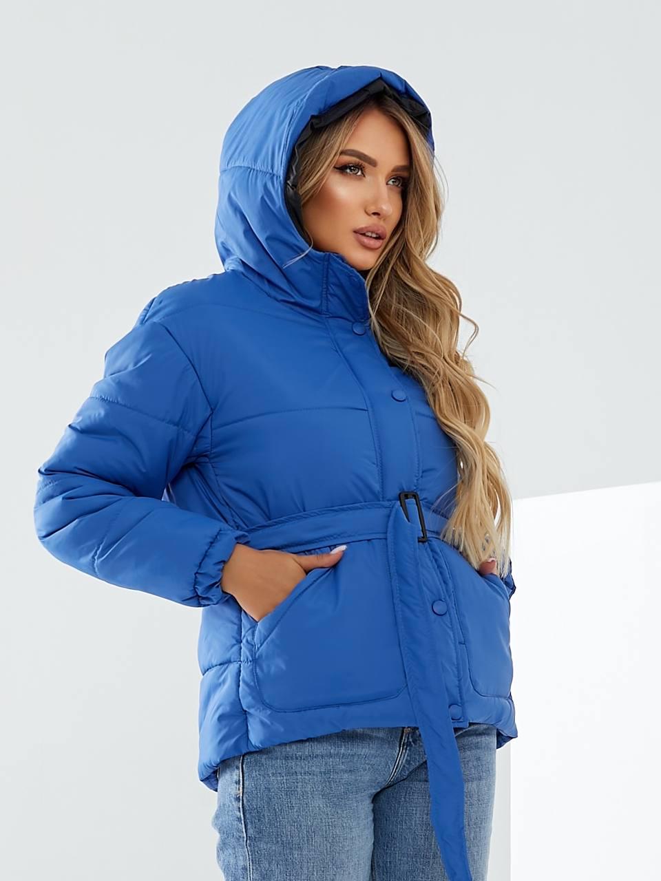 Куртка утеплена Khan коротка з поясом р. 42 Сапфіровий (Kh332) - фото 3 Куртка утеплена Khan коротка з поясом р. 42 Сапфіровий (Kh332) - фото 3