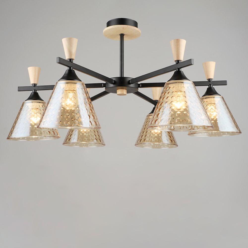 Люстра стельова Light House SRS-19505/6 BK+WOOD Чорний/Бежевий/Бурштиновий 