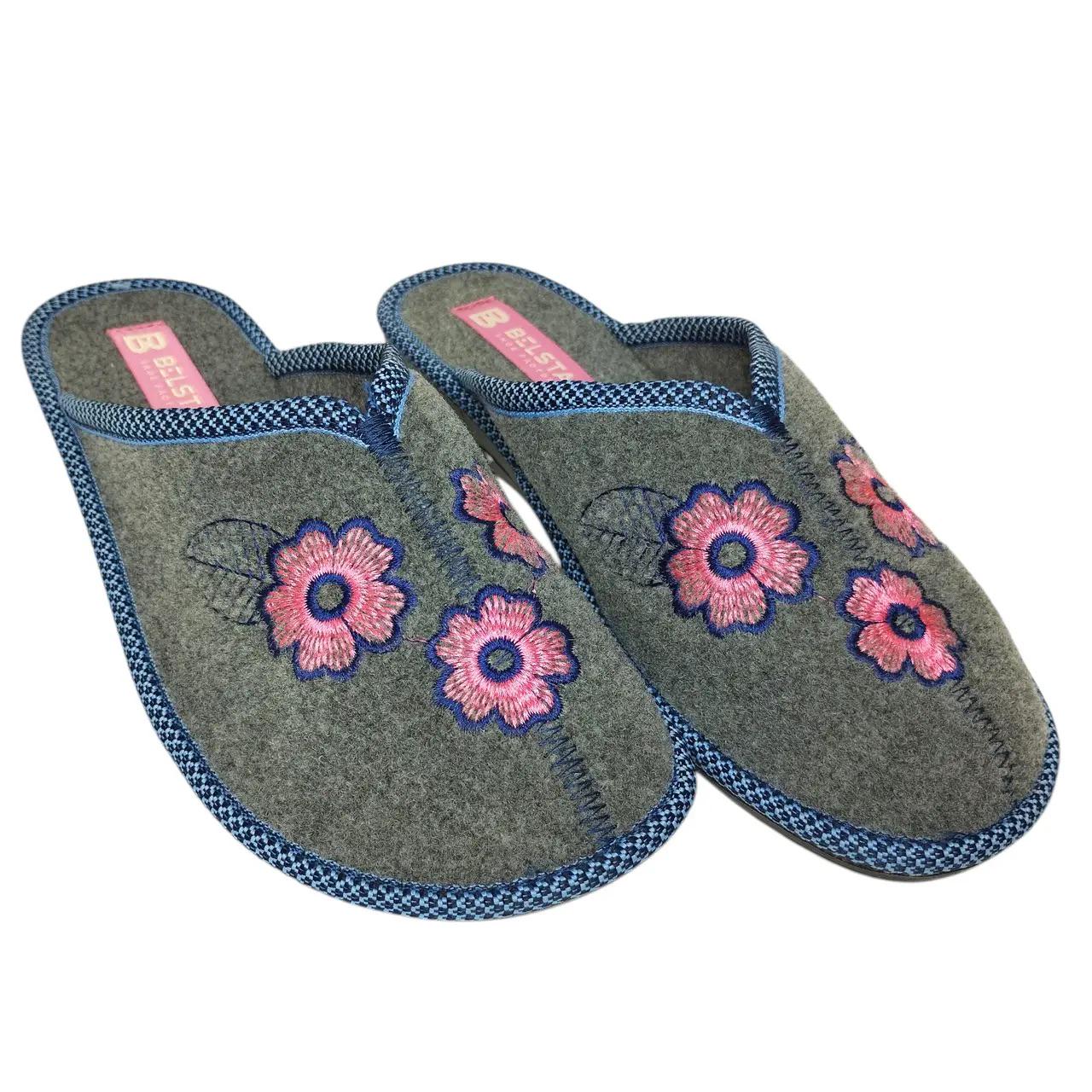 Тапочки женские закрытые БЕЛСТА украшены вышивкой р. 40 25,5 см Серый (168-40-1)