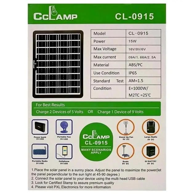 Солнечная панель CcLamp CL 0915 монокристаллическая портативная 2 USB разъема 15Вт (12754428) - фото 2