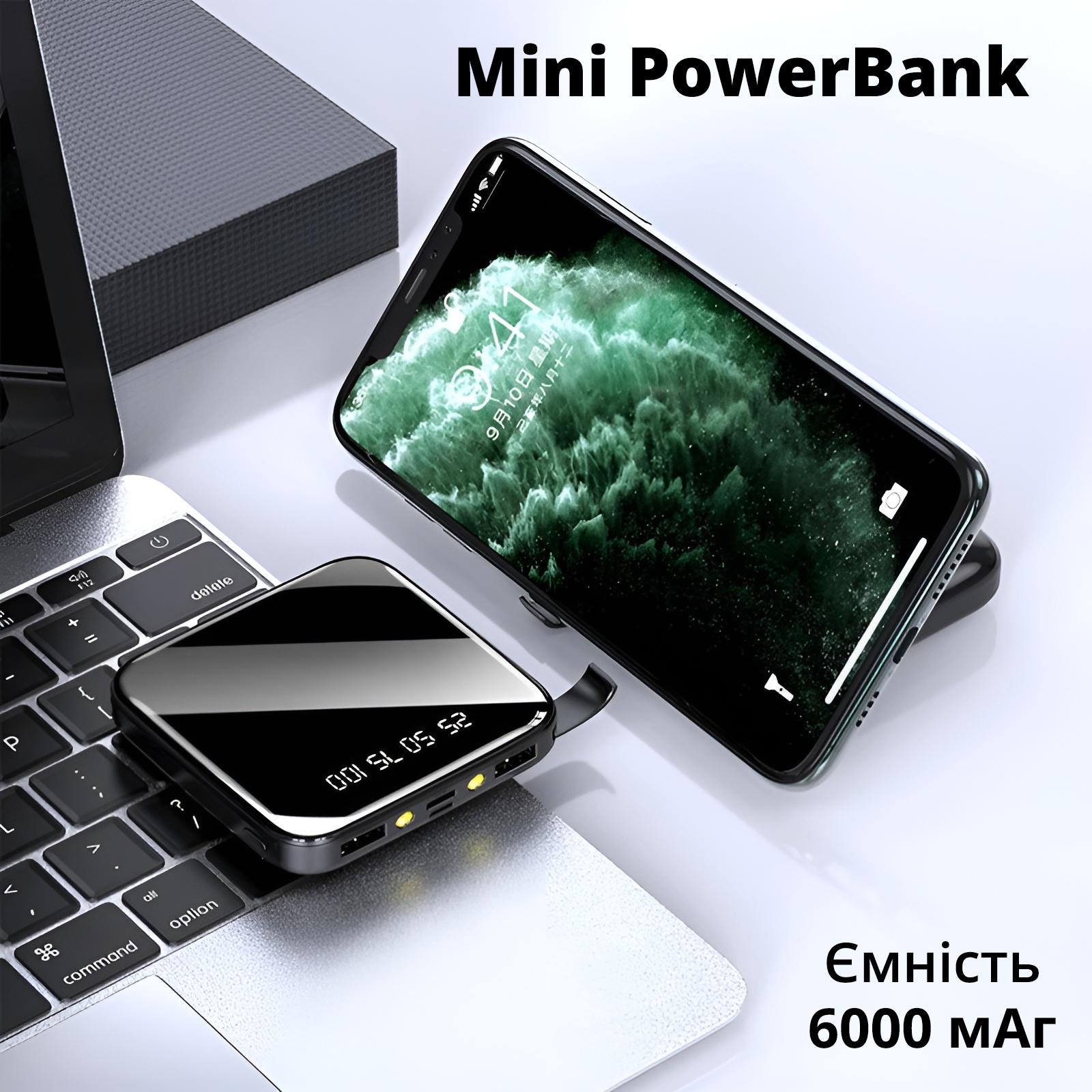 Портативный аккумулятор Power Bank компактный/внешний 6000 mAh на 2 USB выхода Черный - фото 2