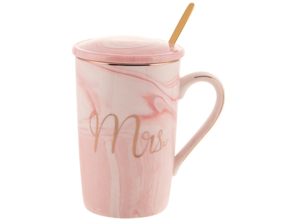 Чашка Mrs с крышкой и золотой ложкой 420 мл Розовый мрамор с золотой надписью (BDI-984-205)