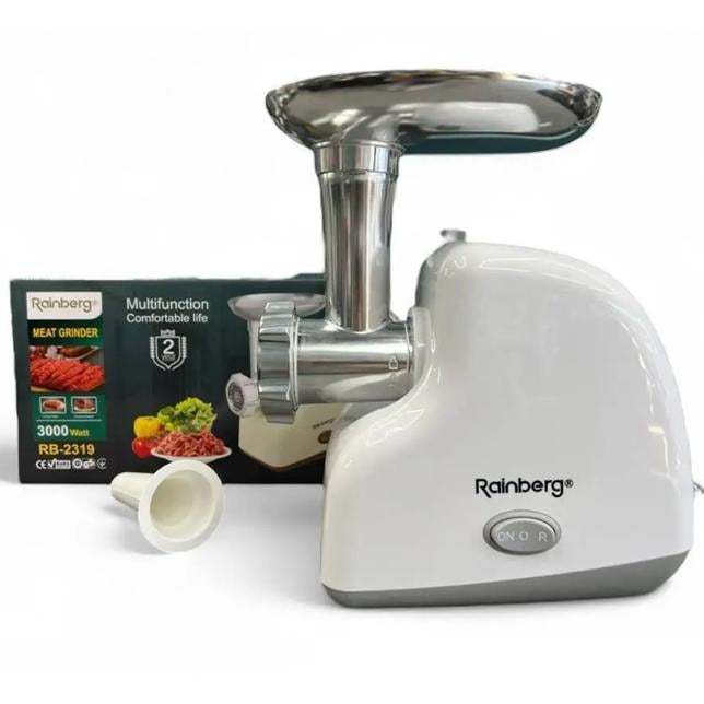 М'ясорубка електрична Rainberg RB-2319 із системою реверсу насадка куббе 3000 Вт White