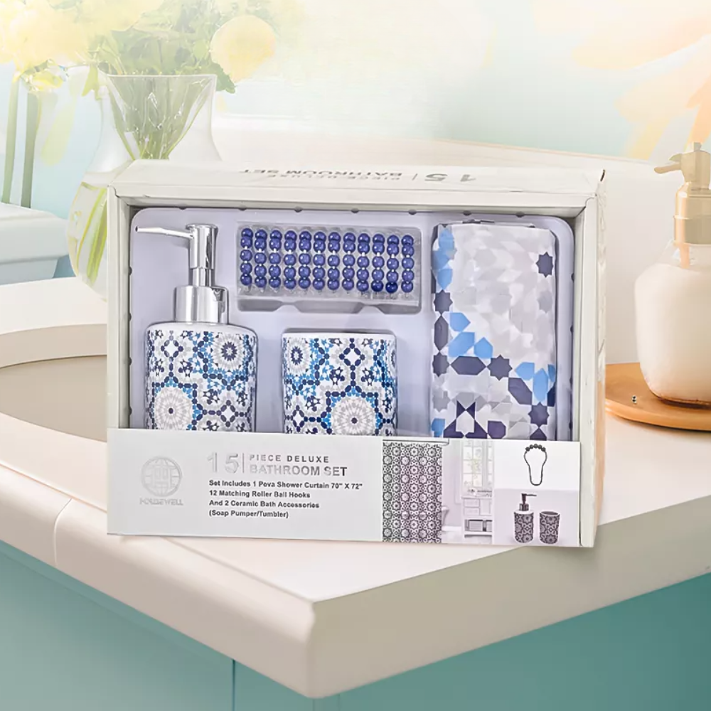 Набор аксессуаров для ванны и душа комплект принадлежностей шторка/стакан для щеток/дозатор для мыла