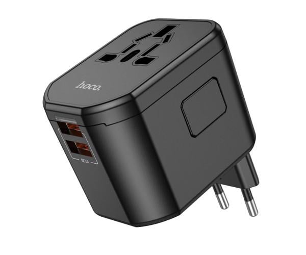 Устройство зарядное сетевое Hoco AC15 2USB 1Type-C 1Socket со сменными вилками стандартов EU/UK/US/AUS 20W Black
