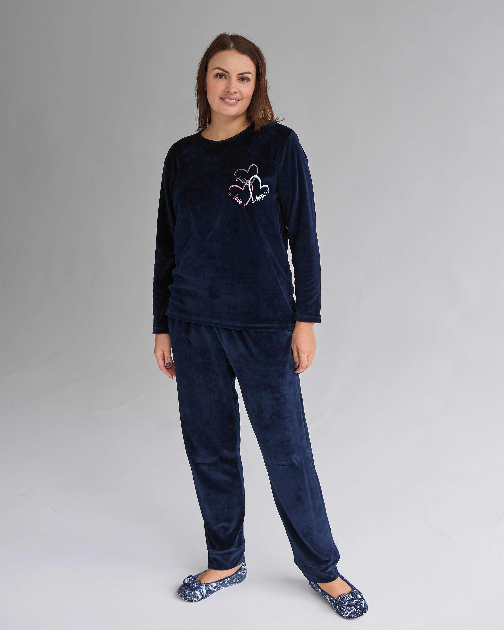 Пижама батальная со штанами Три сердца велюр 2XL Темно-синий (87916)