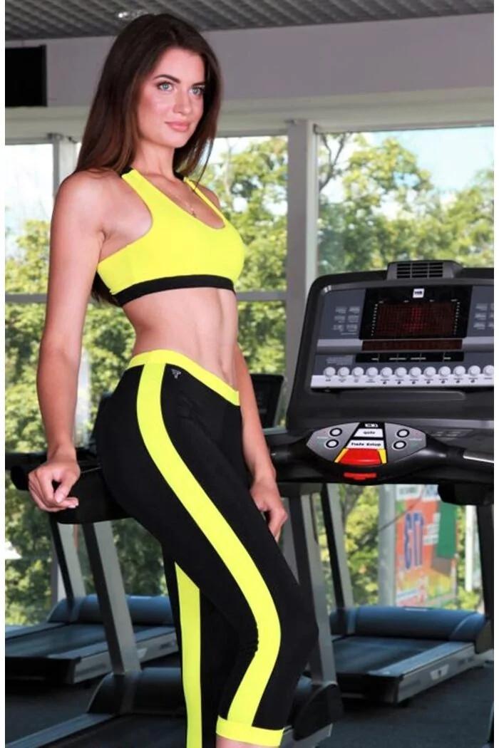 Бриджи женские эластичные спортивные с широкой резинкой TotalFit L12-C1 XS Черный с желтым (2716249284)