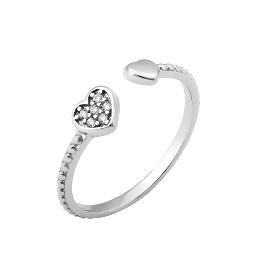 Каблучка срібна Об'єднання двох сердець на фалангу з білими фіанітами р. 18