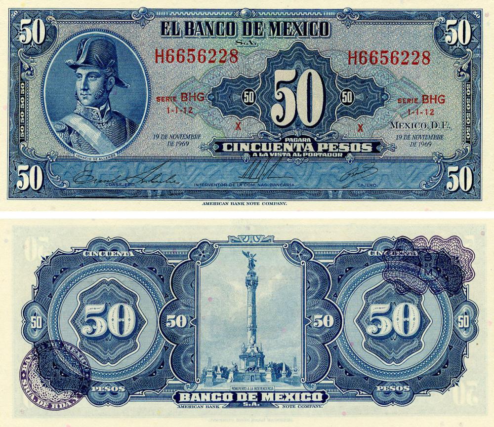 Коллекционная банкнота Мексика 50 песо 1969 AU-UNC Серия BHG (P49r)