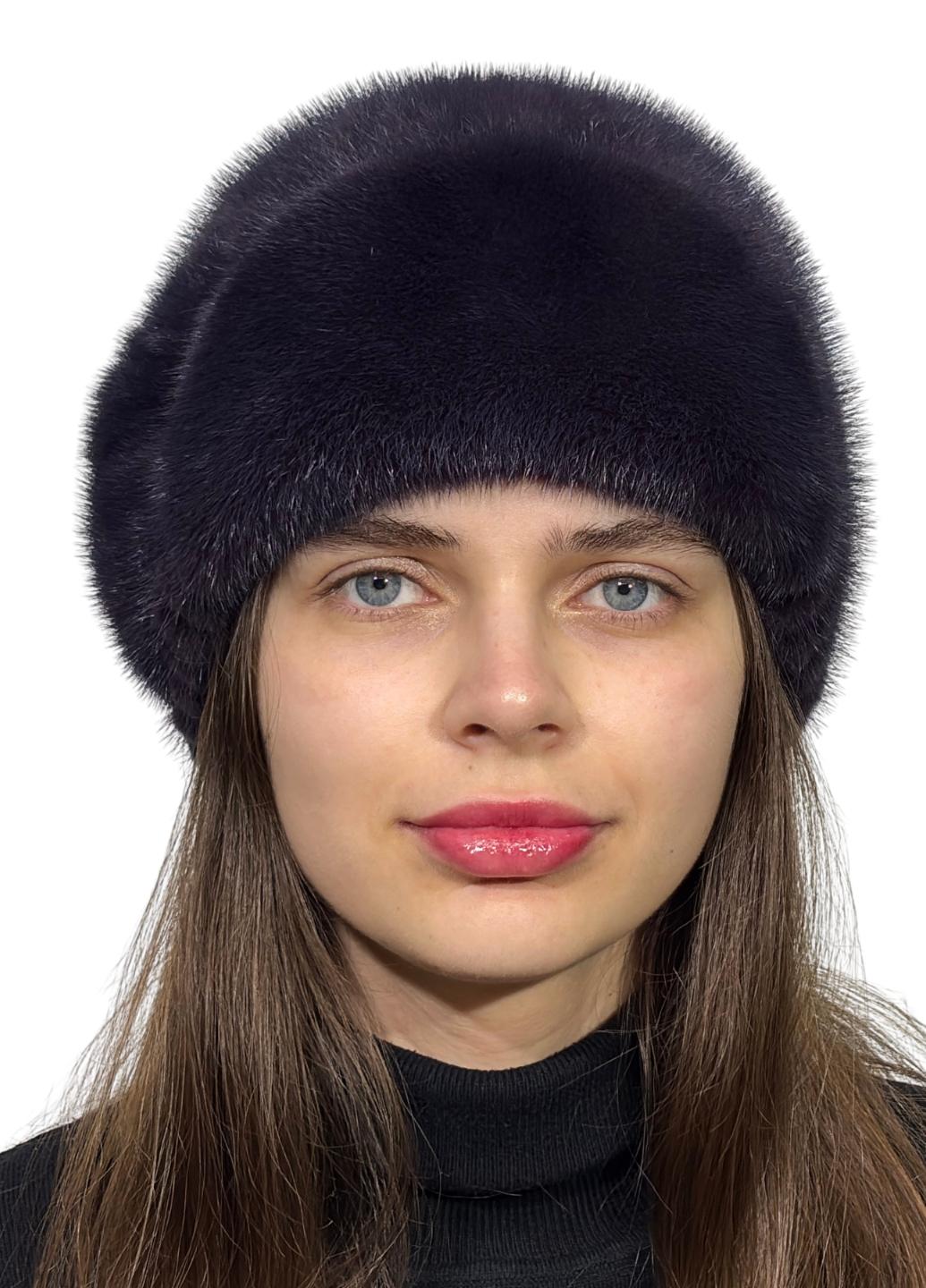 Зимняя женская шапка Меховой стиль Лобик из вязаной натуральной норки M-L Чайная роза (132/M)