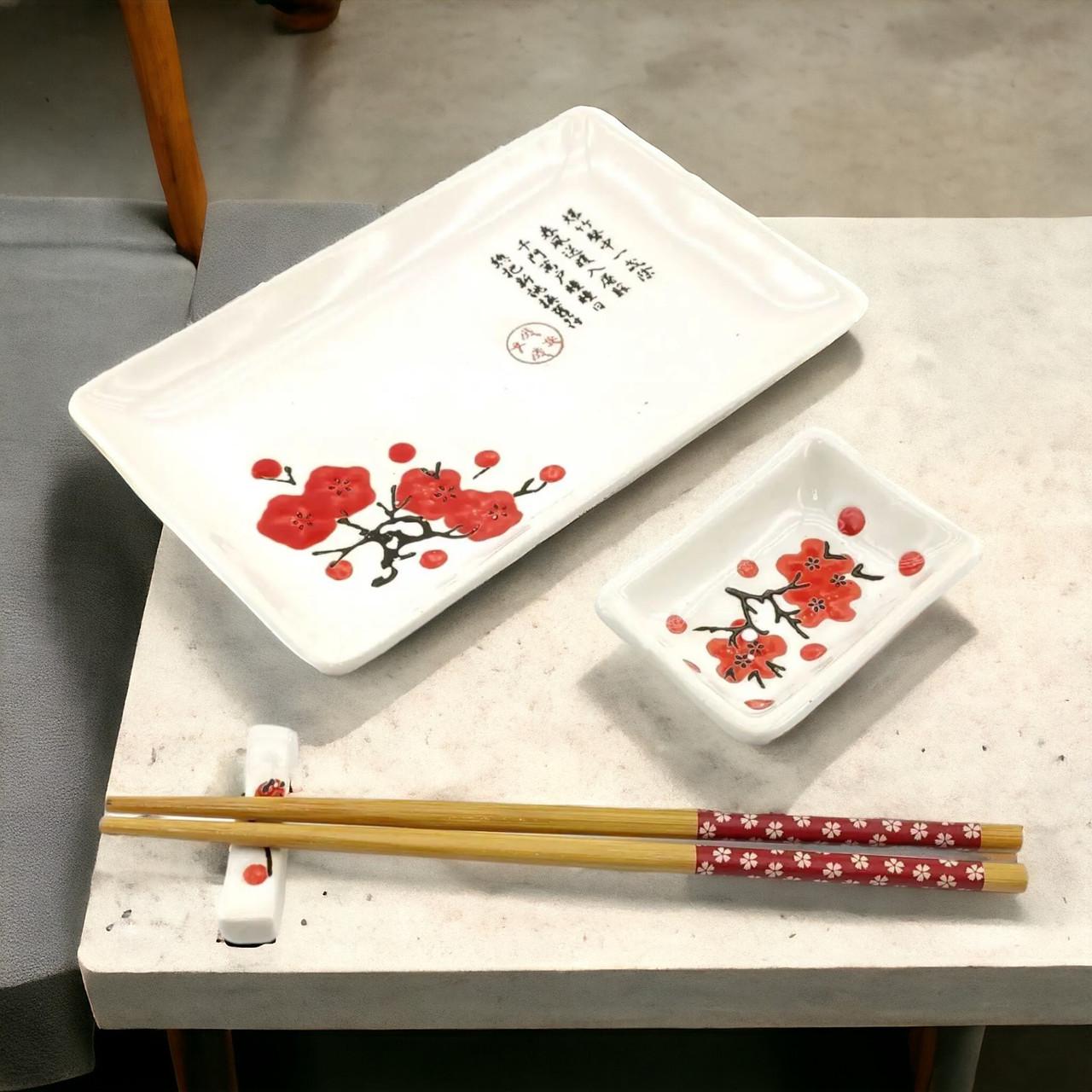 Набор для суши Сакура 4в1 тарелка/соусница/бамбуковые палочки/подставка под палочки из керамики 28х14 см (07-34280B) - фото 8 Набор для суши Сакура 4в1 тарелка/соусница/бамбуковые палочки/подставка под палочки из керамики 28х14 см (07-34280B) - фото 8