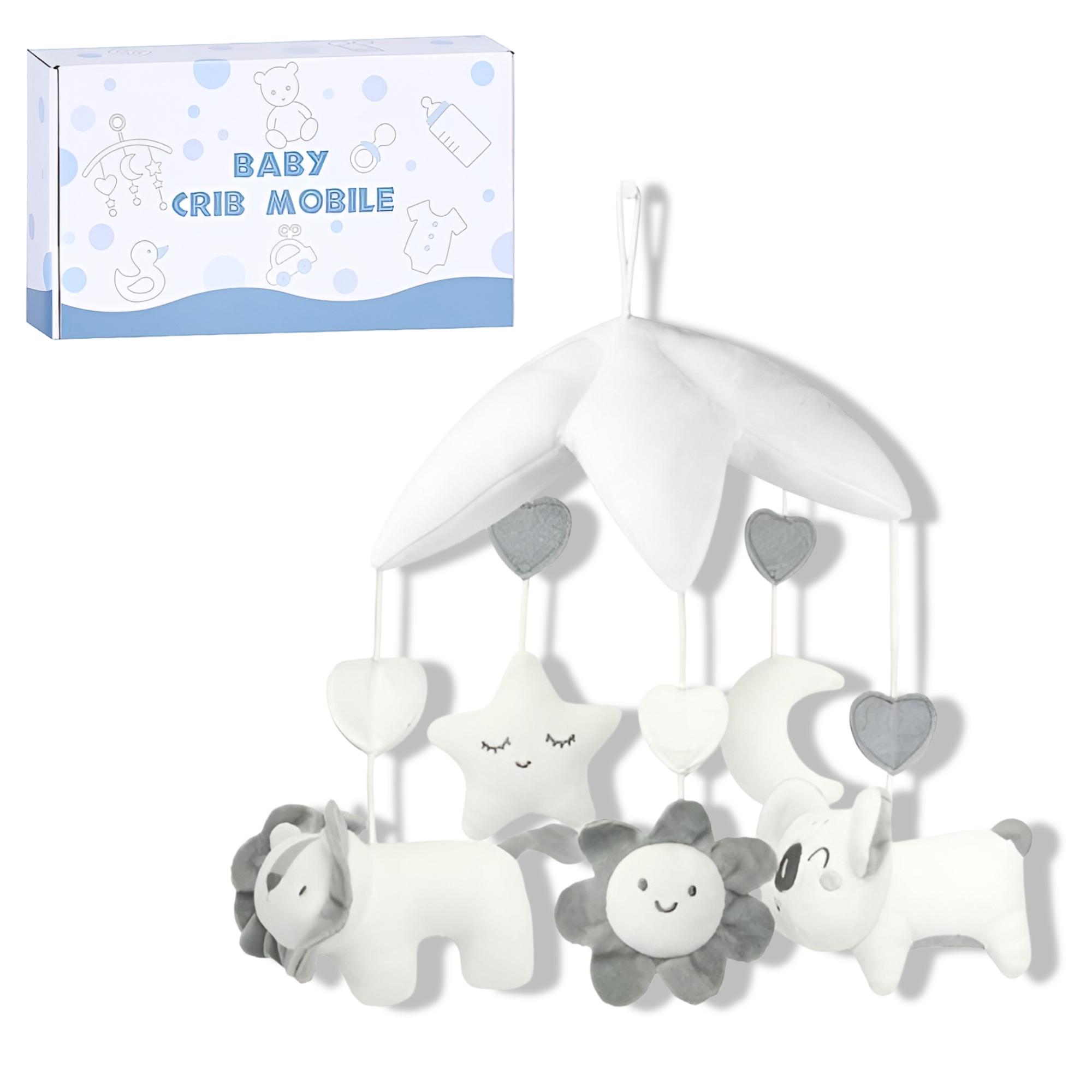 Карусель на кроватку с плюшевыми подвесками заводная музыка Белый (HB 0068 ABCD-2)