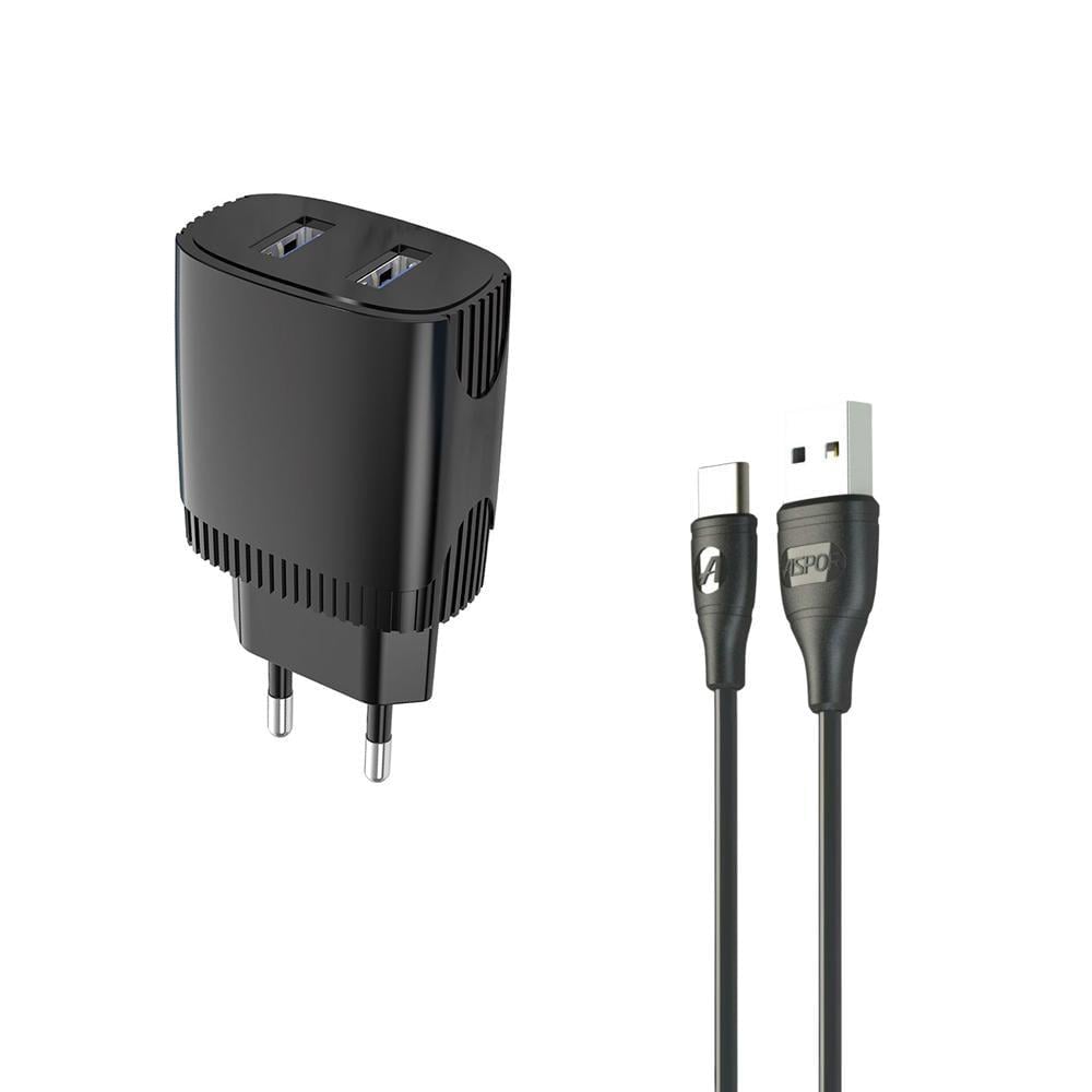 Мережевий зарядний пристрій Aspor A811 2USB/2,4A та кабель USB/Type-C Чорний (925114)