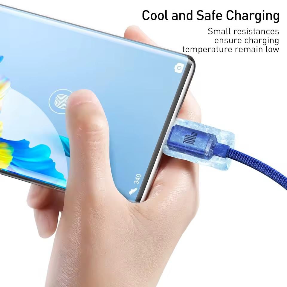 Кабель для швидкої зарядки BASEUS USB Type-C 5A 100W Crystal Shine Series 2 метри синій (CAJY000503) - фото 4 Кабель для швидкої зарядки BASEUS USB Type-C 5A 100W Crystal Shine Series 2 метри синій (CAJY000503) - фото 4