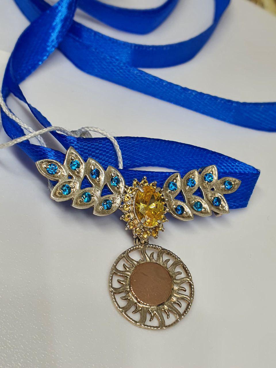 Срібний кулон підвіс на стрічку або чокер 925 проба дукач Сонце з золотом (2422041883)