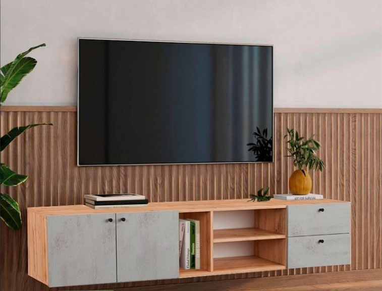 Тумба подвесная под телевизор Moreli Nemo с ящиками и открытыми полками 1800х360х420 мм Дуб аппалачи/Бетон тефра (nemo-app-bet-tef)