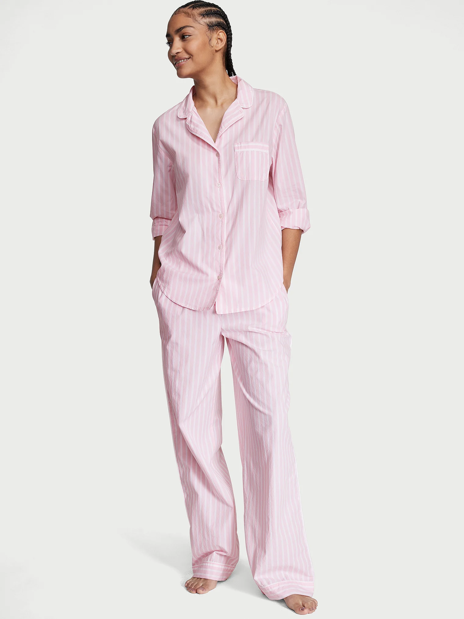 Піжама жіноча Victoria's Secret Cotton Long Pajama Set бавовняна XL Біло-рожевий (15414213)