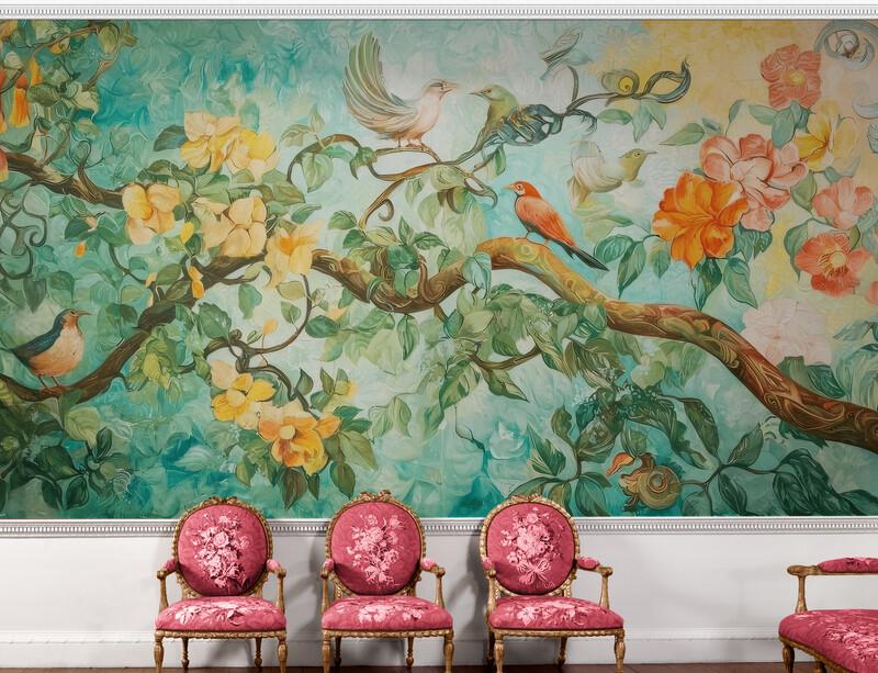 Фотошпалери безшовні у вітальню Весняні пташки (S2109)