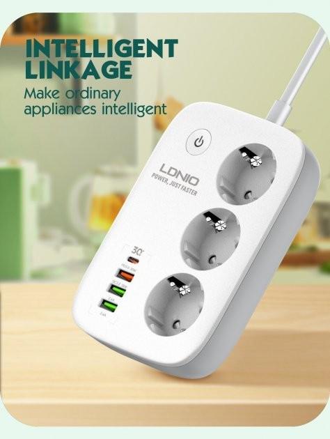 Подовжувач мережевий LDNIO SEW3452 WiFi управління 3USB 1Type-C QC/PD 3A 38W 2500W 2 м 3 розетки White - фото 8