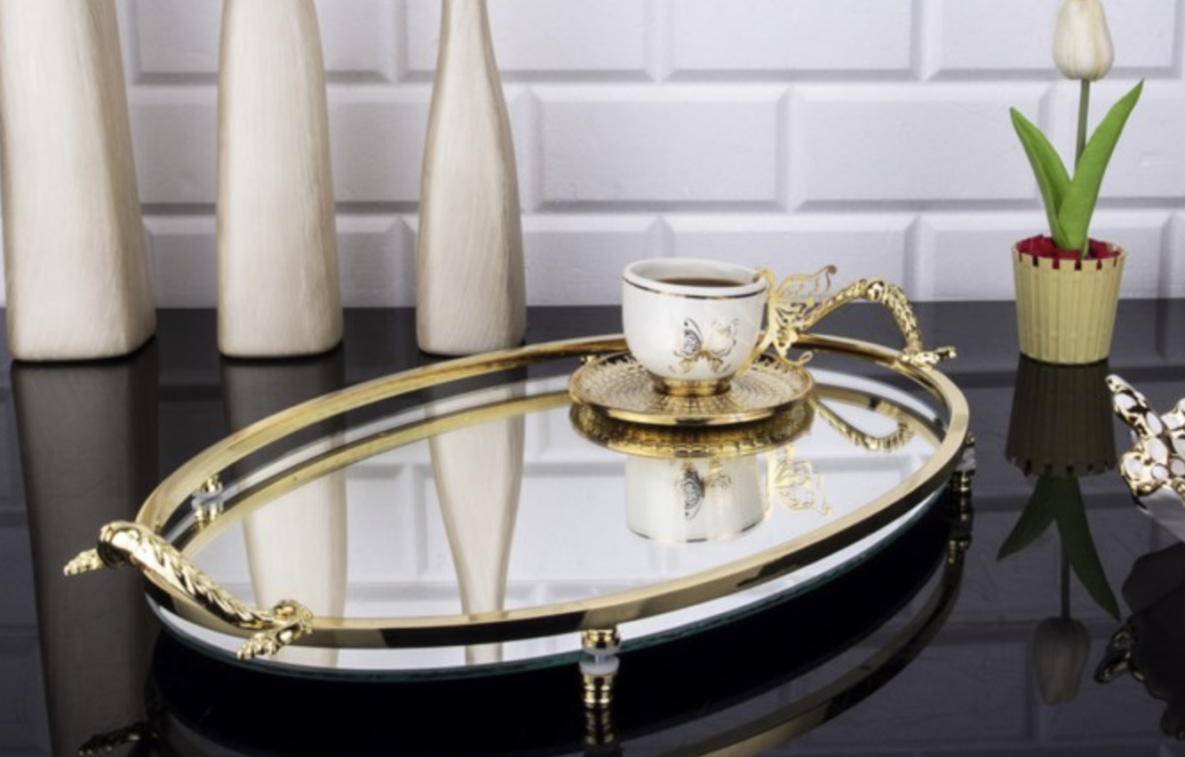 Піднос металевий Zeyve Sultan з дзеркальною підставою 42х27 см Сріблястий (OT-3A)