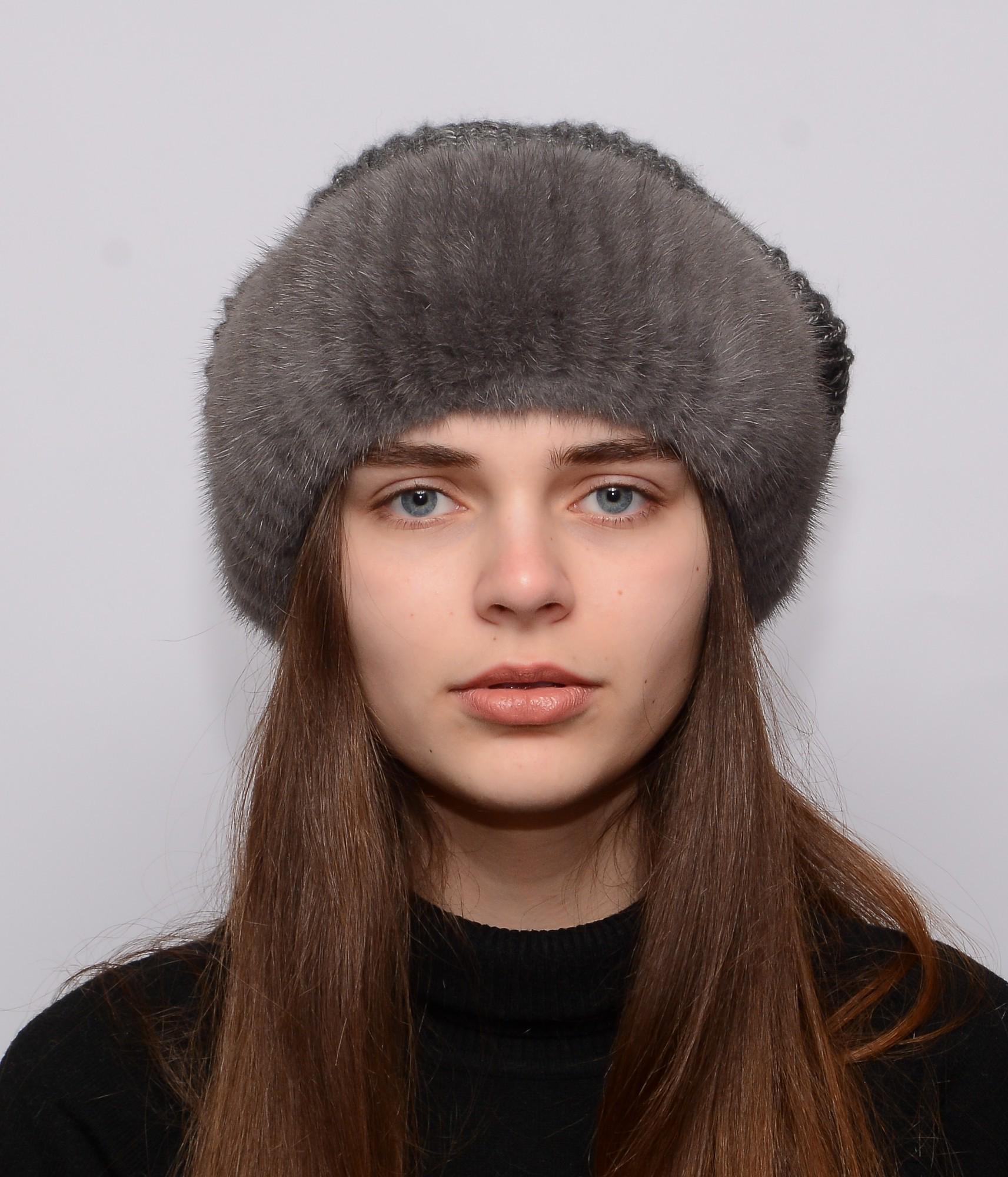 Женская вязаная шапка Меховой стиль Ажур с помпоном из натурального меха норки XL-XXL Графит (128/I)