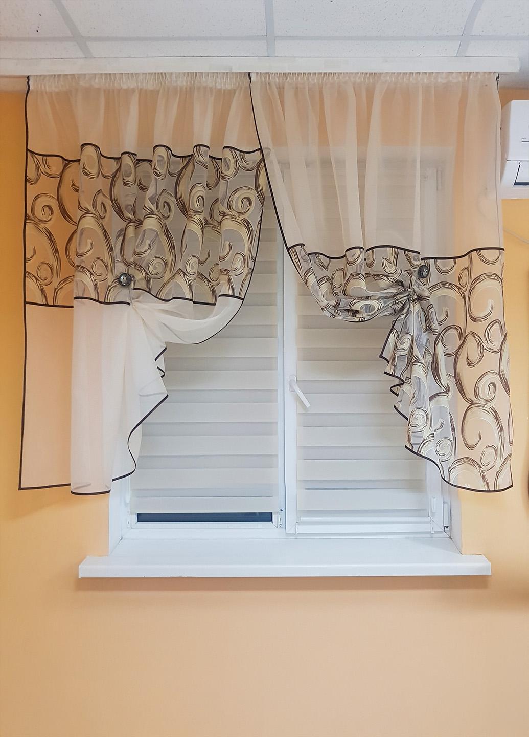 Комплект тюль к подоконнику Firanka Завитки из двух половинок карниз 200 см Кремовый с терракотовым (72_1к)