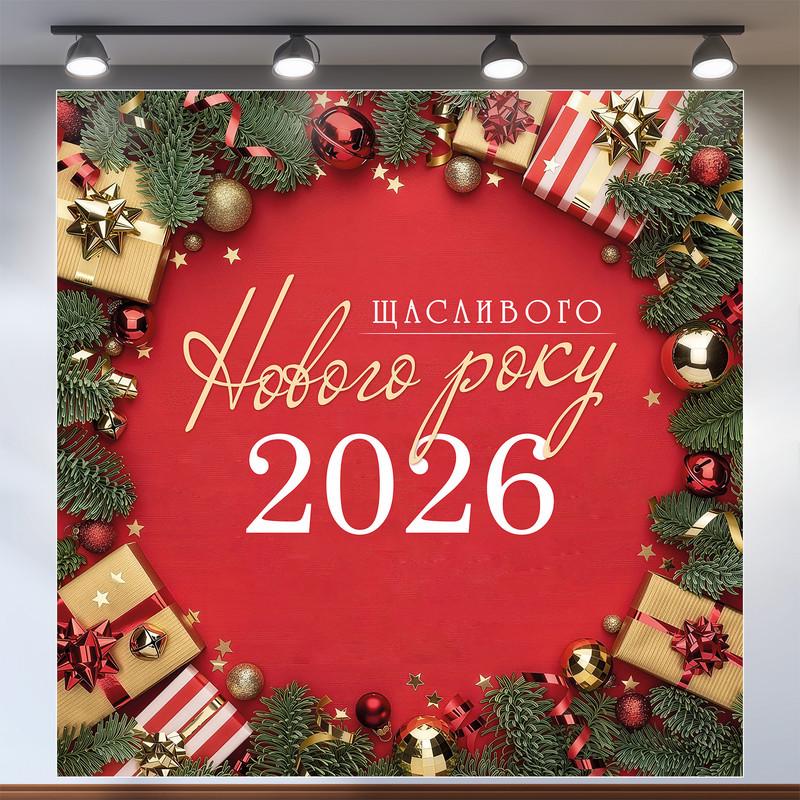Баннер красный "Щасливого Нового року 2026" с подарками и елочными ветками 160x160 см №46034