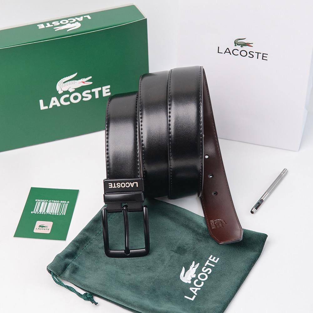 Ремень двусторонний Lacoste кожаный из натуральной кожи с черной пряжкой (984 PTR)