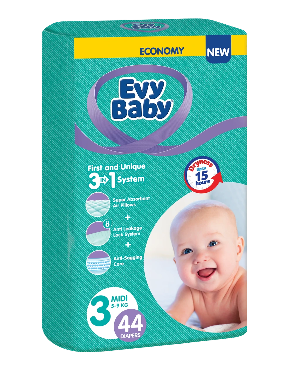 Подгузники для новорожденных Evy Baby 3 Midi 5-9 кг 44 шт. (2033893645)
