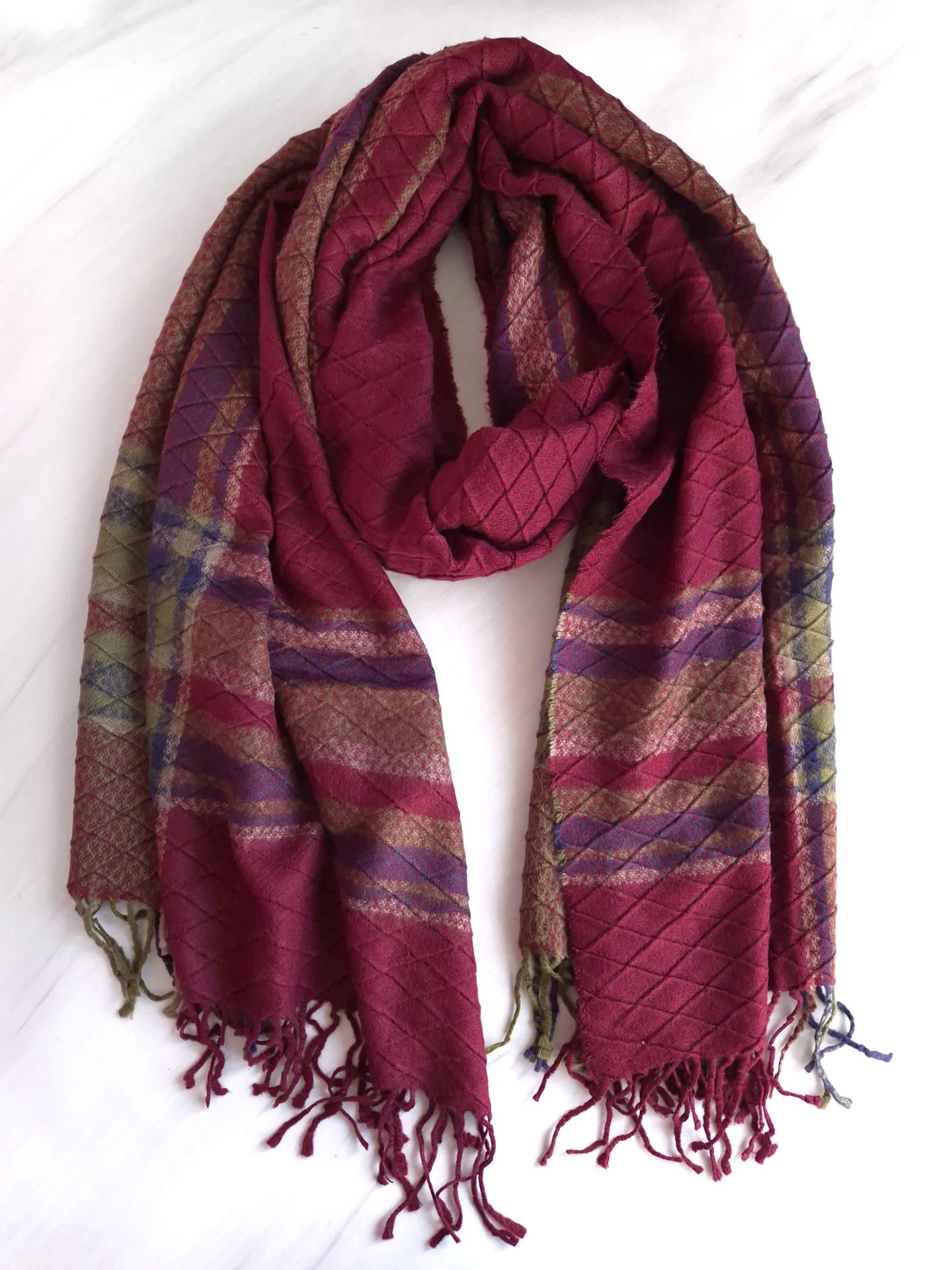 Шарф-палантин жіночий в ромби з китицями осінь-зима 224х78 см Бордовий (15924)