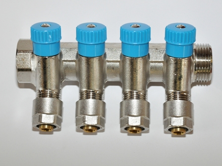 Колектор з кранами Aqua-World 4 виходи 3/4x16 мм розбірний фітинг Pexal Blue (ТК208-4С)