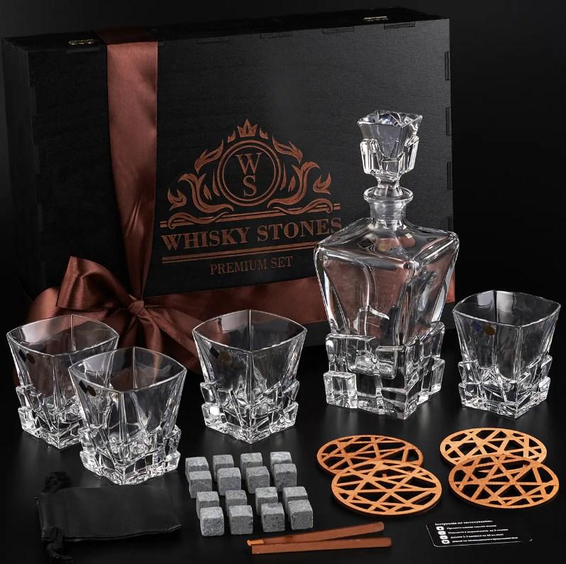 Подарочный набор для алкоголя камни для виски Whiskey Stones 16 шт./4 хрустальных стакана Bohemia Crack 310 мл и графин 900 мл - фото 2
