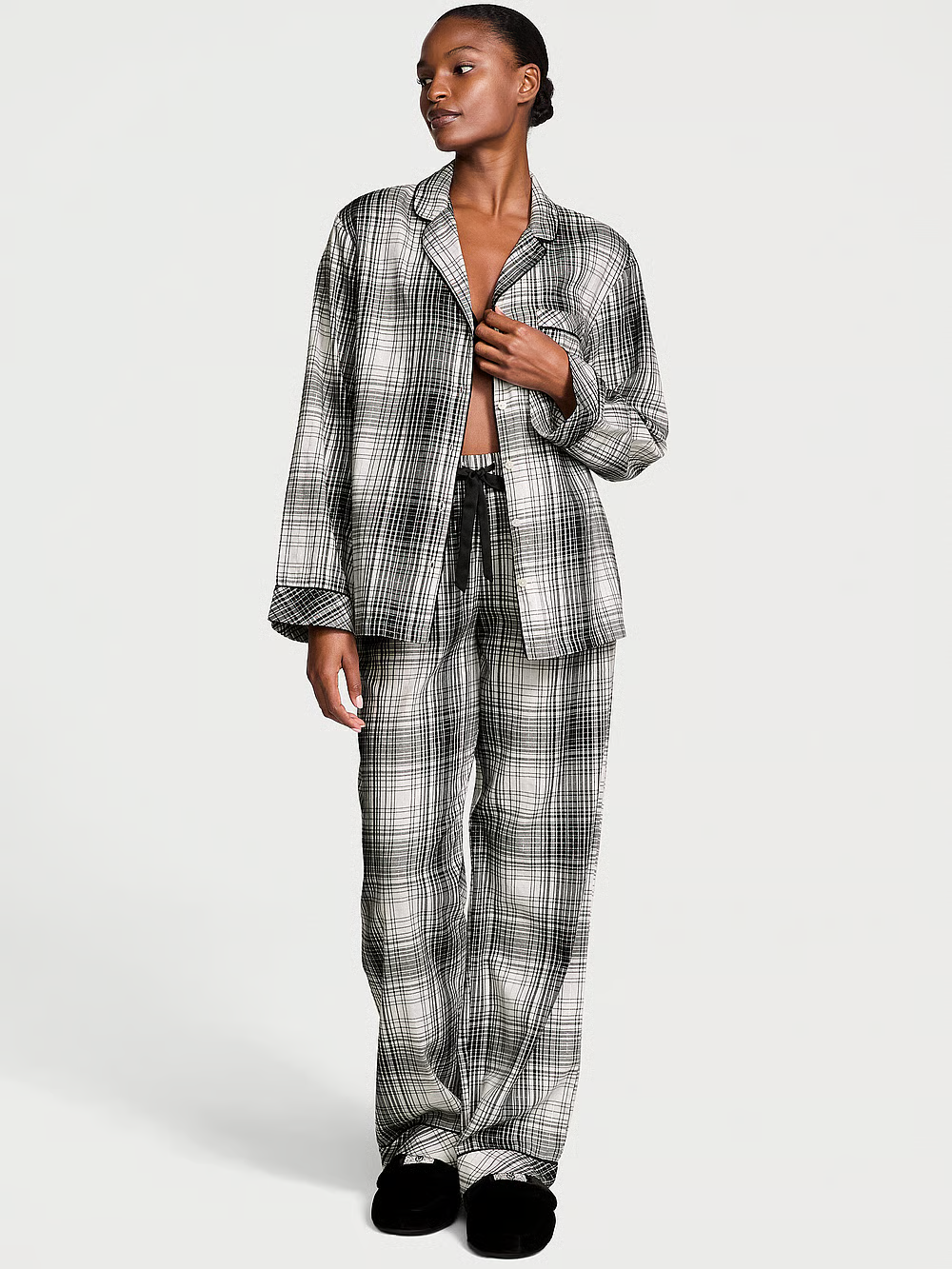 Піжама жіноча Victoria's Secret Flannel Long Pajama Set фланелева у клітинку M Чорно-білий (21972099)