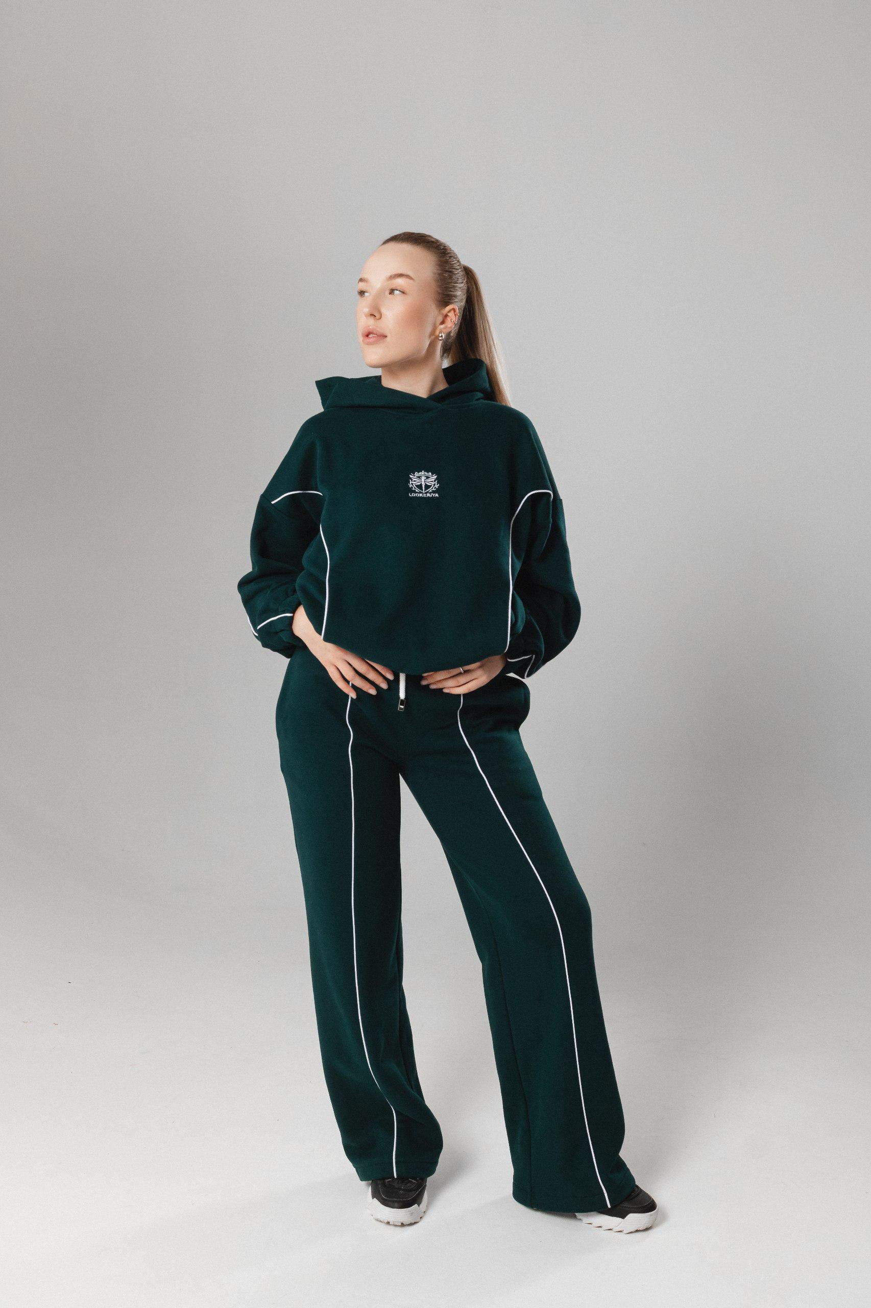 Костюм жіночий Lookeriya худі та палаццо трансформери з білими кантами XXXL Темно-зелений (31474387)