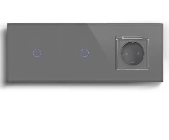 Выключатель умный LUXION сенсорный 2 сенсора 1-1 с розеткой/крышкой IP44 с заземлением/шторками стекло Серый