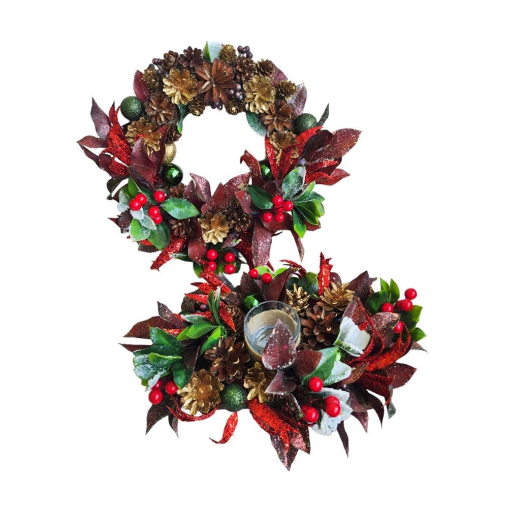 Набор новогоднего декора венок и подсвечник с натуральными шишками Бордовый (NY003)