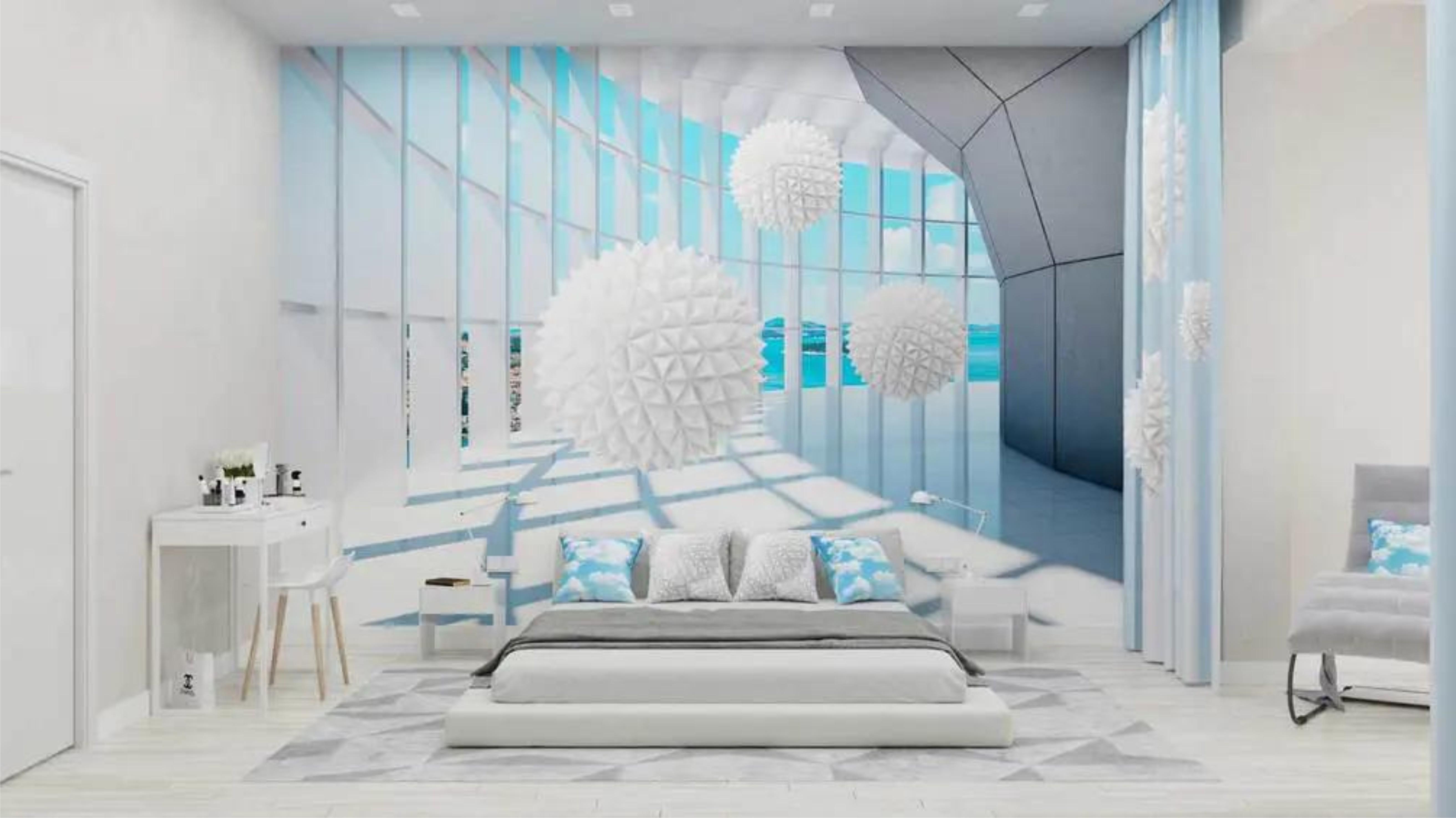 Фотообои Белый шарики в комнате с окнами Белый (000278)