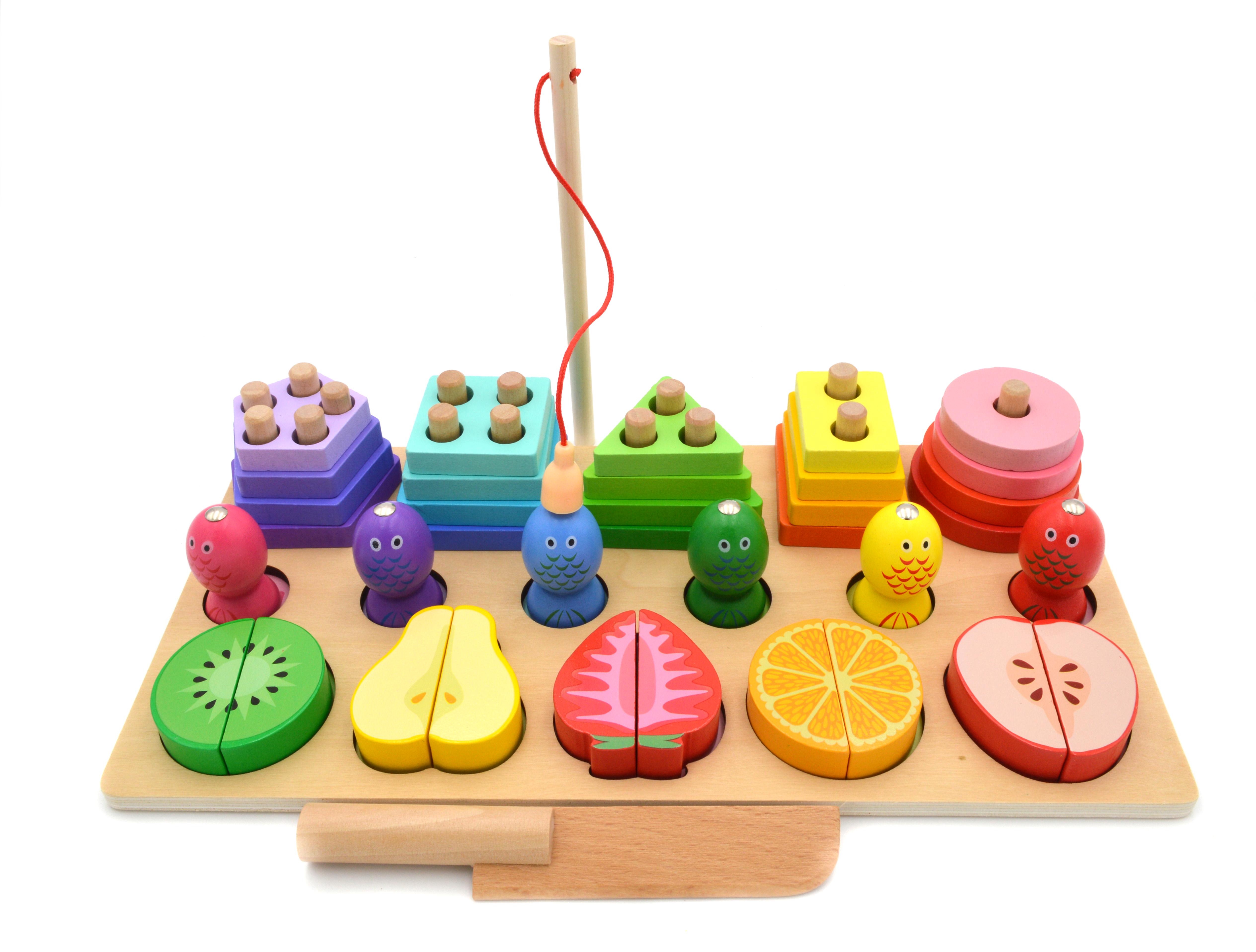 Доска логическая деревянная сортер-пирамидка/разрезные фрукты/рыбалка/формы/цвета (74534)