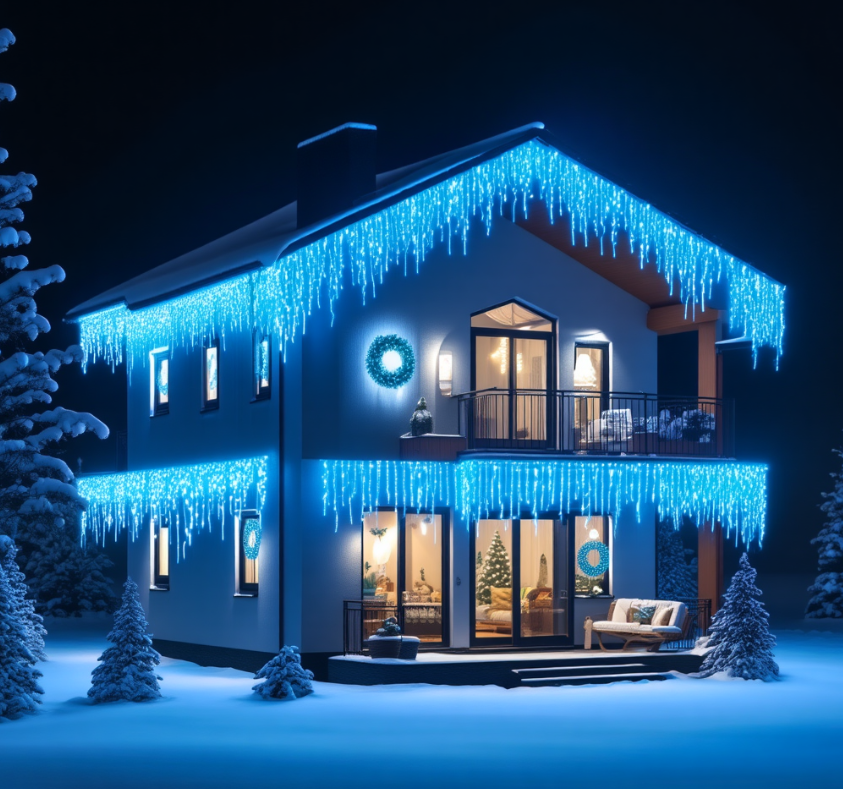 Гирлянда бахрома уличная 840 LED 50 м от сети черная нить Синий